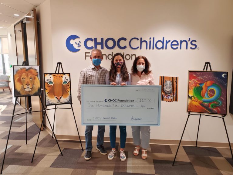 Jasmine Sabbagh and her parents donating proceeds from her art sales to CHOC.