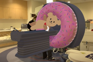 Screenshot of the MRI with Choco app with the augmented reality mascot of the hospital goes through the MRI experience with the patient