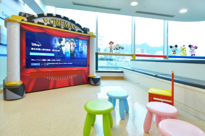 Photo of the Disney Mobile Movie Theater unit at a children's hospital